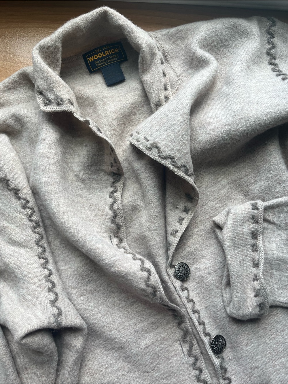 Woolrich Heather Gray Knit Cardigan with Decorative Stitching